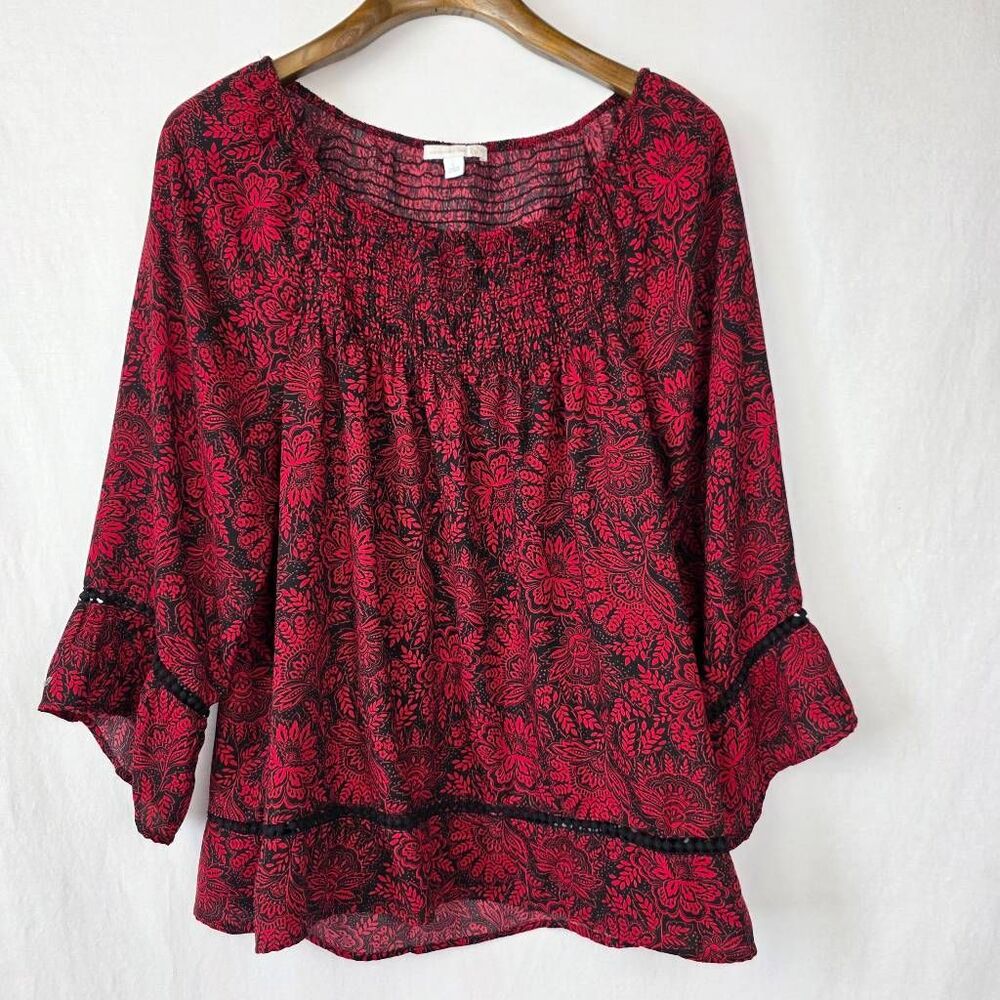 Westport 1962 Red Black Floral Peasant Top L